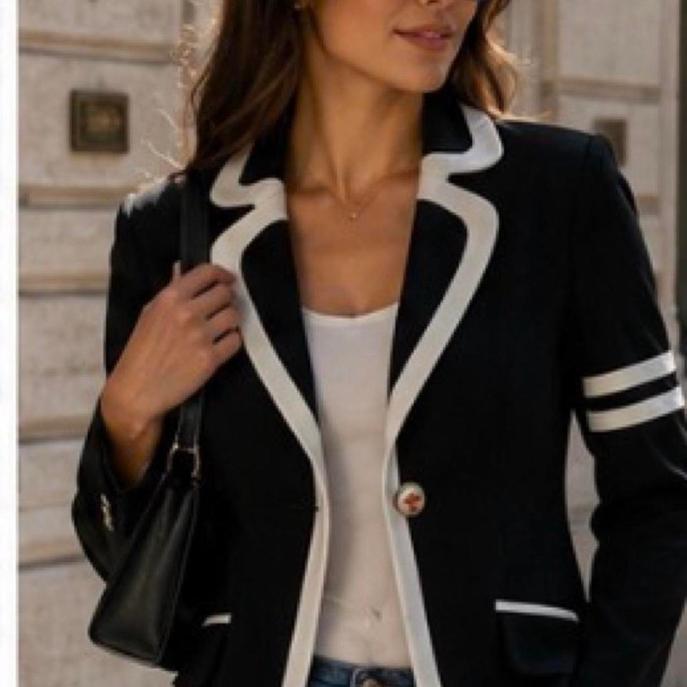 Tristan Womens Black White Contrast Trim Blazer Jacket Stripe Sleeve Small